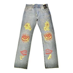 LEVIS 33x34 Premium 501 Original SUMMER LOVE JEANS Festival Sun Floral Groovy